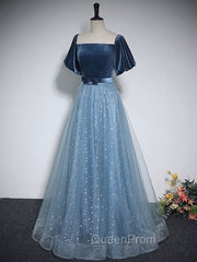 A-Line Tulle Velvet Blue Long Evening Prom Dresses, Blue Tulle Evening Dresses
