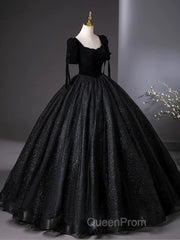 A-Line Tulle Velvet Sequin Black Long Evening Prom Dresses, Black Long Evening Dresses