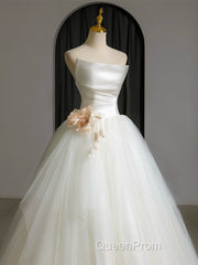 A-Line Tulle White Long Evening Prom Dresses, White Long Formal Dresses