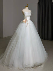 A-Line Tulle White Long Evening Prom Dresses, White Long Formal Dresses