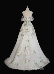 A-Line Tulle With Flower Lace White Wedding Party Dresses, White Tulle Evening Dresses Evening Prom Dresses