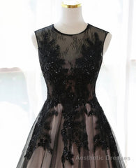 A-line Tulle with Lace Round Neckline Floor Length Party Dress, Black Prom Dress