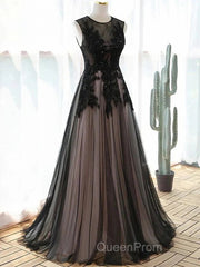 A-Line Tulle With Lace Round Neckline Floor Length Party Dresses Black Evening Prom Dresses Formal Dresses