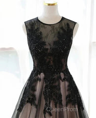 A-Line Tulle With Lace Round Neckline Floor Length Party Dresses Black Evening Prom Dresses Formal Dresses