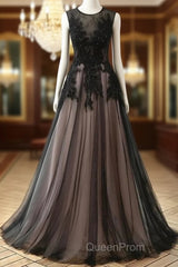 A-Line Tulle With Lace Round Neckline Floor Length Party Dresses Black Evening Prom Dresses Formal Dresses