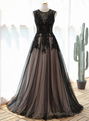A-line Tulle with Lace Round Neckline Floor Length Party Dress, Black Prom Dress