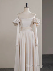 A-Line Two Pieces Satin Champagne Long Evening Prom Dresses, Champagne Formal Dresses