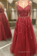 A Line V Neck and V Back Burgundy Lace Floral Long Evening Prom Dresses, Burgundy Lace Formal Evening Dresses