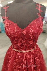 A Line V Neck and V Back Burgundy Lace Floral Long Evening Prom Dresses, Burgundy Lace Formal Evening Dresses