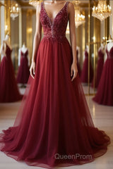 A Line V Neck and V Back Long Beading Lace Burgundy Evening Prom Dresses, Lace Burgundy Formal Graduation Evening Dresses