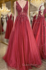 A Line V Neck and V Back Red Lace Floral Long Evening Prom Dresses, Open Back 3D Flowers Red Lace Formal Evening Dresses