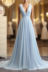 A Line V Neck and V Back Sky Blue Chiffon Long Evening Prom Dresses, V Neck Blue Formal Dresses, Blue Evening Dresses