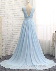 A Line V Neck and V Back Sky Blue Chiffon Long Evening Prom Dresses, V Neck Blue Formal Dresses, Blue Evening Dresses