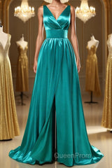 A Line V Neck and V Back Turquoise Long Evening Prom Dresses with Slit, Turquoise Formal Graduation Evening Dresses