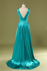A Line V Neck and V Back Turquoise Long Evening Prom Dresses with Slit, Turquoise Formal Graduation Evening Dresses