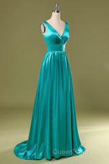 A Line V Neck and V Back Turquoise Long Evening Prom Dresses with Slit, Turquoise Formal Graduation Evening Dresses