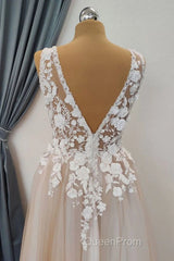 A Line V Neck Appliques Lace Evening Prom Dresses, Lace Formal Graduation Evening Dresses