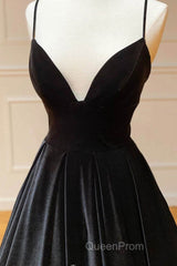 A Line V Neck Backless Black Velvet Long Evening Prom Dresses, V Neck Black Formal Dresses, Black Velvet Evening Dresses