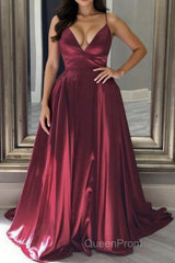 A Line V Neck Backless Burgundy Long Evening Prom Dresses, Backless Burgundy Formal Graduation Evening Dresses