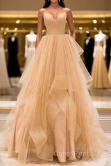 A Line V Neck Backless Champagne Long Evening Prom Dresses, V Neck Champagne Formal Dresses, Champagne Evening Dresses