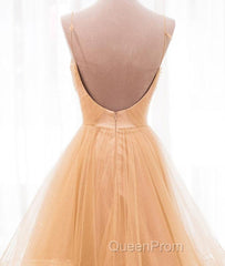 A Line V Neck Backless Champagne Long Evening Prom Dresses, V Neck Champagne Formal Dresses, Champagne Evening Dresses