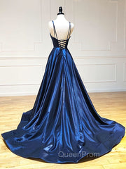 A Line V Neck Backless Dark Navy Blue Evening Prom Dresses, Open Back Navy Blue Evening Dresses