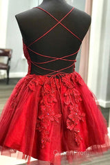 A Line V Neck Backless Lace Red Short Evening Prom Dresses Homecoming Dresses, Backless Red Lace Formal Graduation Evening Dresses