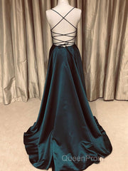 A Line V Neck Backless Long Evening Prom Dresses Simple Dark Green Formal Evening Gowns