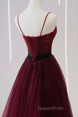 A Line V Neck Beaded Burgundy Tulle Long Evening Prom Dresses, Beaded Burgundy Formal Graduation Evening Dresses