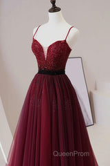 A Line V Neck Beaded Burgundy Tulle Long Evening Prom Dresses, Beaded Burgundy Formal Graduation Evening Dresses