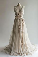 A-Line V-Neck Beaded Chiffon Long Evening Prom Dresses, Vintage Applique Wedding Dresses
