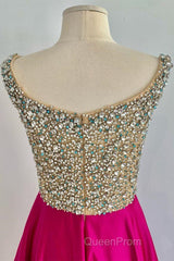 A Line V Neck Beaded Fuchsia Long Evening Prom Dresses, V Neck Fuchsia Formal Dresses, Beaded Fuchsia Evening Dresses