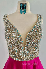 A Line V Neck Beaded Fuchsia Long Evening Prom Dresses, V Neck Fuchsia Formal Dresses, Beaded Fuchsia Evening Dresses
