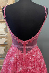 A Line V Neck Beaded Hot Pink Lace Long Evening Prom Dresses, Hot Pink Lace Formal Graduation Evening Dresses