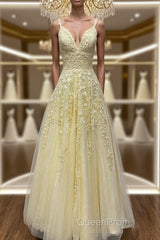 A Line V Neck Beaded Yellow Lace Tulle Long Evening Prom Dresses, Yellow Lace Formal Dresses, Beaded Yellow Evening Dresses