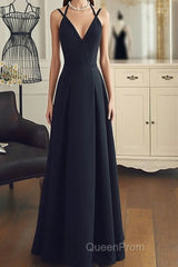 A Line V Neck Black Long Evening Prom Dresses With Corss Back, Black Long Formal Evening Graduation Dresses