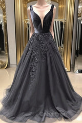 A Line V Neck Black Long Evening Prom Dresses with Lace Appliques, V Neck Black Lace Formal Evening Dresses