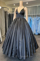 A Line V Neck Black Evening Prom Dresses With Pocket Long Satin Formal Graduation Dresses