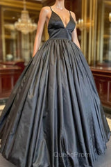 A Line V Neck Black Evening Prom Dresses With Pocket Long Satin Formal Graduation Dresses
