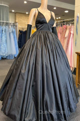 A Line V Neck Black Satin Long Evening Prom Dresses with Pocket, V Neck Black Formal Graduation Evening Dresses