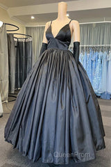 A Line V Neck Black Satin Long Evening Prom Dresses with Pocket, V Neck Black Formal Graduation Evening Dresses