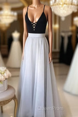 A Line V Neck Black Top Gray Evening Prom Dresses, Gray Formal Dresses, V Neck Black Top Gray Evening Dresses, Graduation Dresses