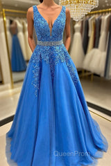 A Line V Neck Blue Lace Long Evening Prom Dresses with Belt, Blue Lace Formal Evening Dresses