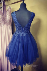 A Line V Neck Blue Lace Short Evening Prom Dresses, Blue Lace Homecoming Dresses, Short Blue Formal Evening Dresses