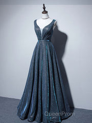 A-line V Neck Blue Long Evening Prom Dresses, Blue Formal Dresses