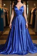 A Line V Neck Blue Long Evening Prom Dresses, V Neck Blue Formal Graduation Evening Dresses