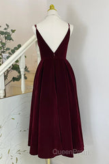 A Line V Neck Burgundy Black Tea Length Evening Prom Dresses, Short Black Wine Red Formal Homecoming Dresses