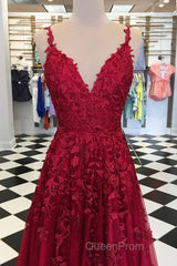A Line V Neck Burgundy Lace Evening Prom Dresses, Wine Burgundy Lace Formal Evening Dresses