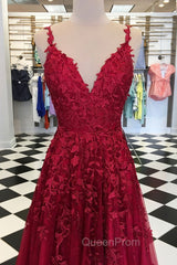 A Line V Neck Burgundy Lace Evening Prom Dresses, Wine Red Lace Evening Dresses