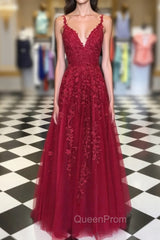 A Line V Neck Burgundy Lace Evening Prom Dresses, Wine Red Lace Evening Dresses